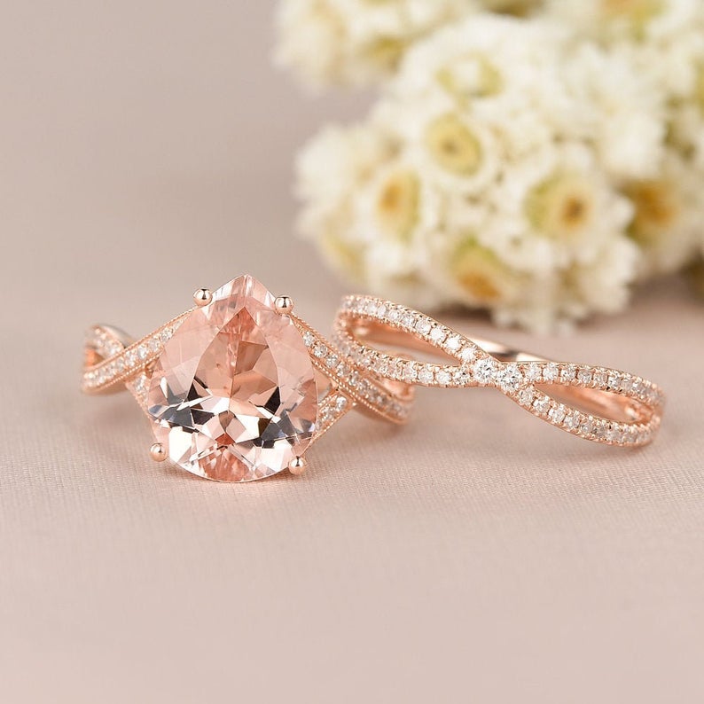 1 CT Pear Cut Morganite Diamond Rose Gold Over On 925 Sterling Silver Infinity Wedding Bridal Ring Set