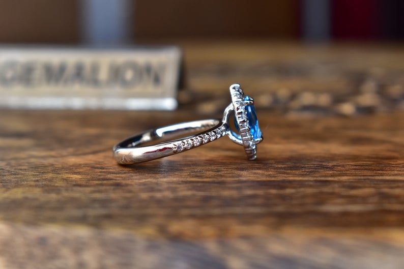 1 CT Oval Cut London Blue Topaz Diamond White Gold Over On 925 Sterling Silver Halo Anniversary Ring For Her