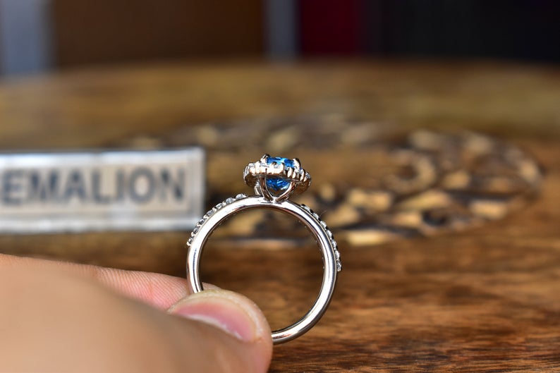 1 CT Oval Cut London Blue Topaz Diamond White Gold Over On 925 Sterling Silver Halo Anniversary Ring For Her