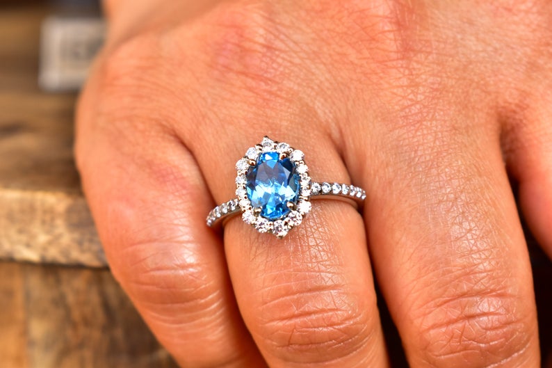 1 CT Oval Cut London Blue Topaz Diamond White Gold Over On 925 Sterling Silver Halo Anniversary Ring For Her