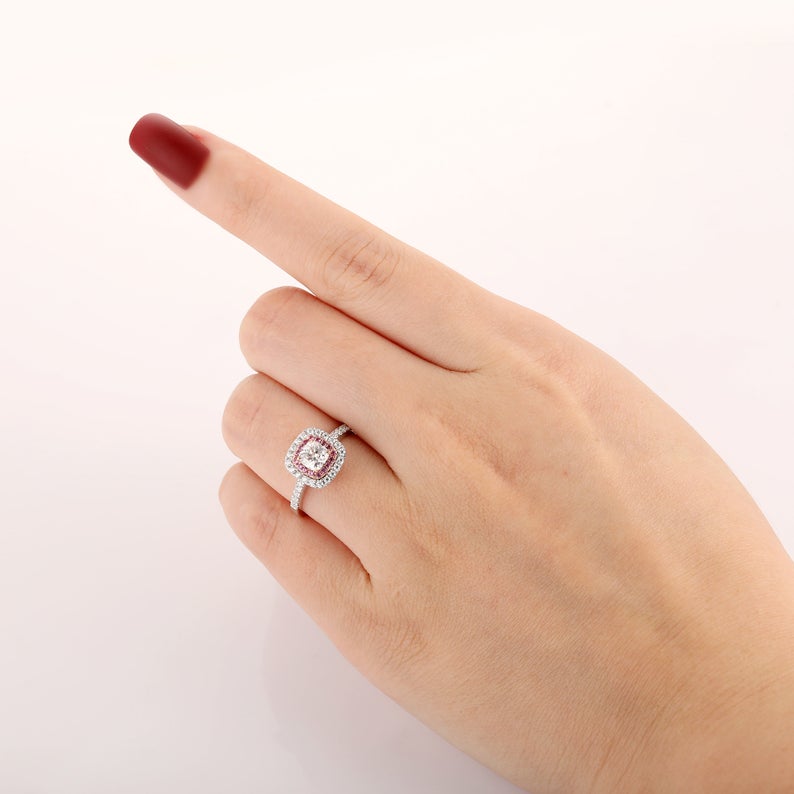 1 CT Cushion Cut Diamond 925 Sterling Silver Halo For Women, Pink Sapphire Accents Ring