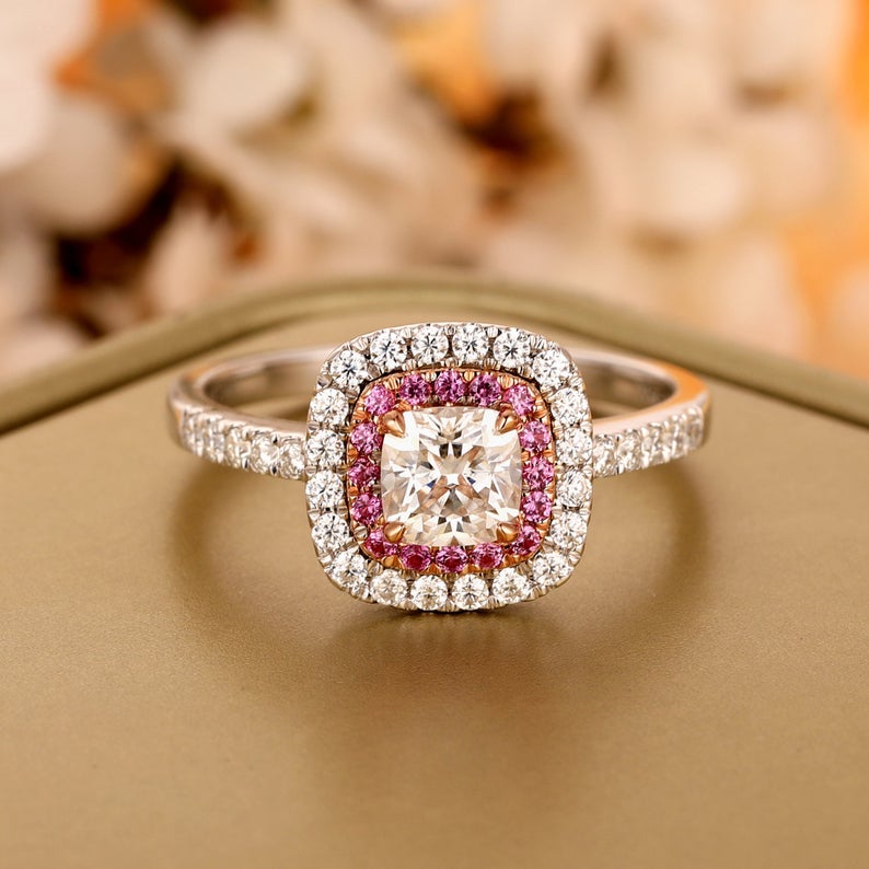 1 CT Cushion Cut Diamond 925 Sterling Silver Halo For Women, Pink Sapphire Accents Ring