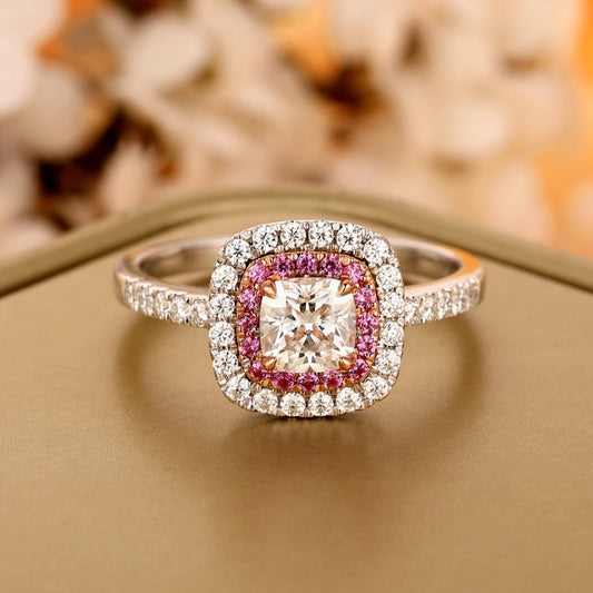 1 CT Cushion Cut Diamond 925 Sterling Silver Halo For Women, Pink Sapphire Accents Ring