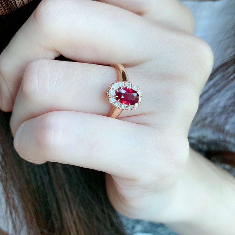 2 CT Oval Cut Pink Ruby Diamond Rose Gold Over On 925 Sterling Silver Halo Promise Ring