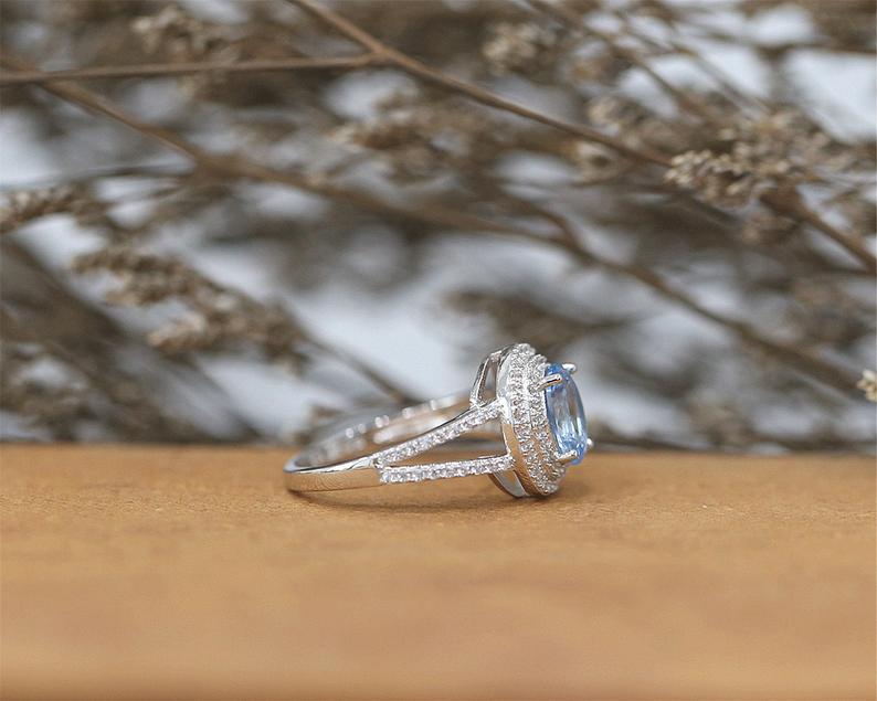 1 CT Oval Cut Blue Topaz Diamond White Gold Over On 925 Sterling Silver Double Halo Engagement Ring
