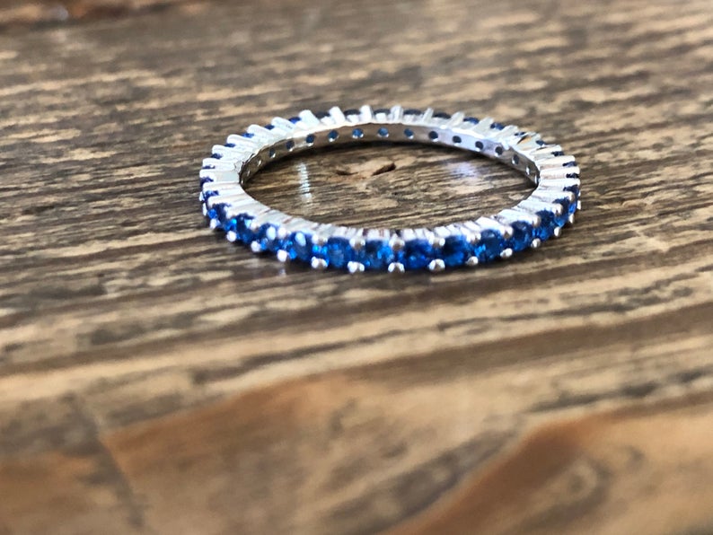 1 CT Blue Sapphire Diamond 925 Sterling Silver Full Eternity Wedding Band Ring