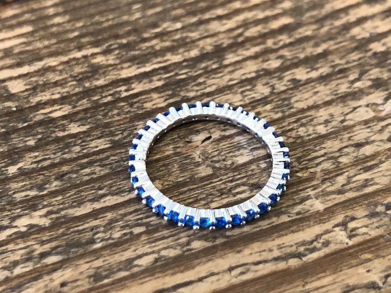 1 CT Blue Sapphire Diamond 925 Sterling Silver Full Eternity Wedding Band Ring