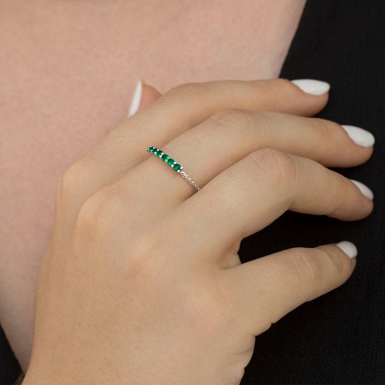 1 CT Round Cut Green Emerald Diamond 925 Sterling Silver Half Eternity Engagement Band Ring