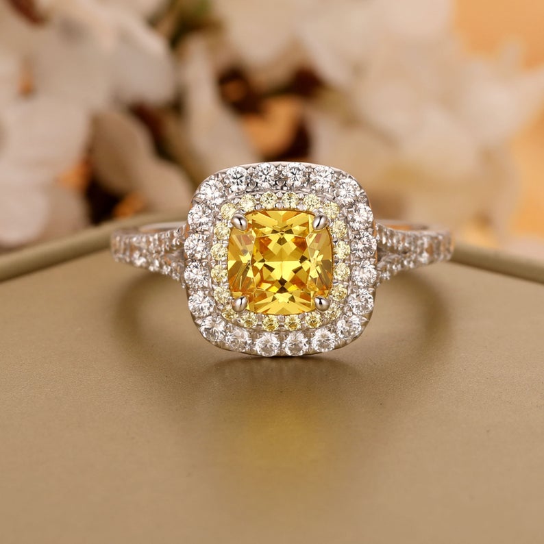 CT Cushion Cut Citrine Diamond White Gold Over On 925 Sterling Silver  Double Halo Anniversary Ring