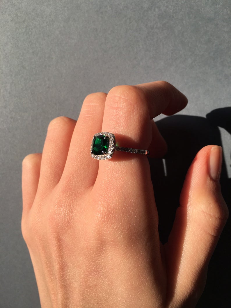 1CT Cushion Cut Emerald Diamond White Gold Over On 925 Sterling Silver Halo Engagement Ring