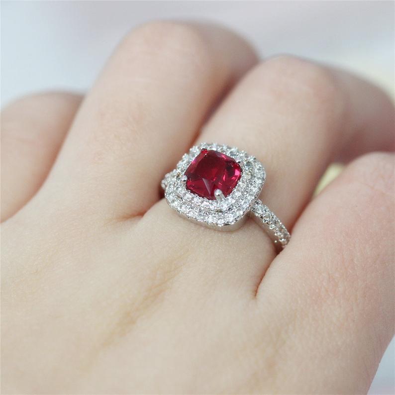1 CT Cushion Cut Red Ruby Diamond 925 Sterling Silver Double Halo Diamond Wedding Ring