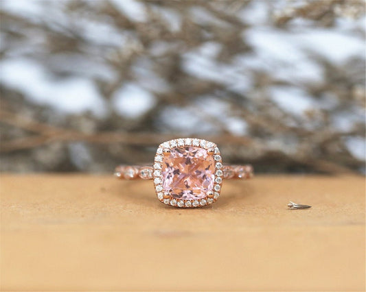 1 CT Cushion Cut Pink Morganite Diamond 925 Sterling Silver Halo Wedding Ring