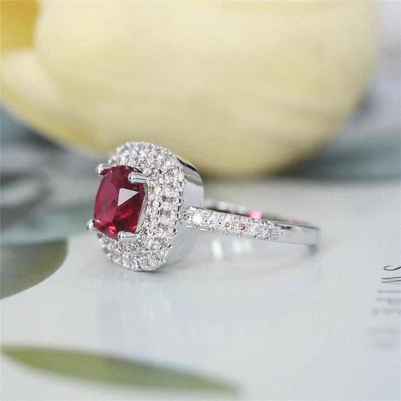 1 CT Cushion Cut Red Ruby Diamond 925 Sterling Silver Double Halo Diamond Wedding Ring