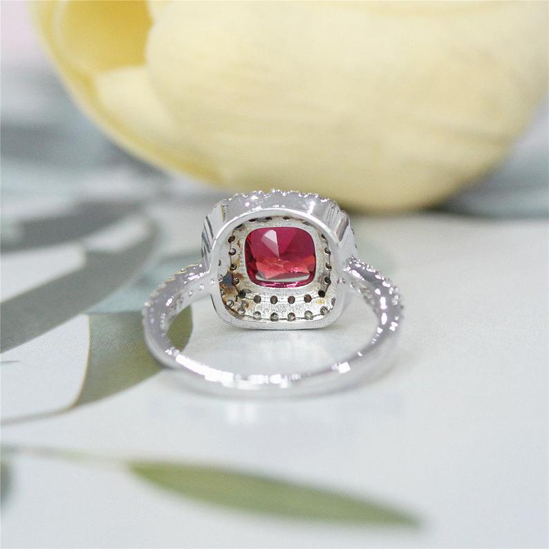 1 CT Cushion Cut Red Ruby Diamond 925 Sterling Silver Double Halo Diamond Wedding Ring