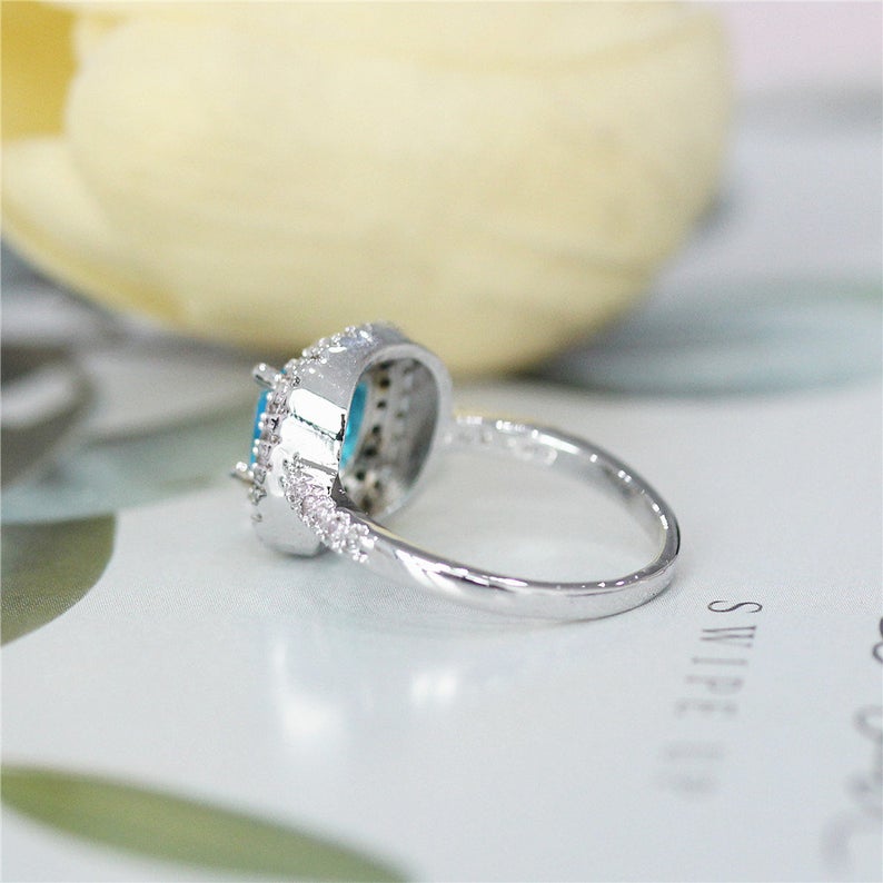 1 CT Cushion Cut Blue Topaz Diamond 925 Sterling Silver Double Halo Wedding Ring