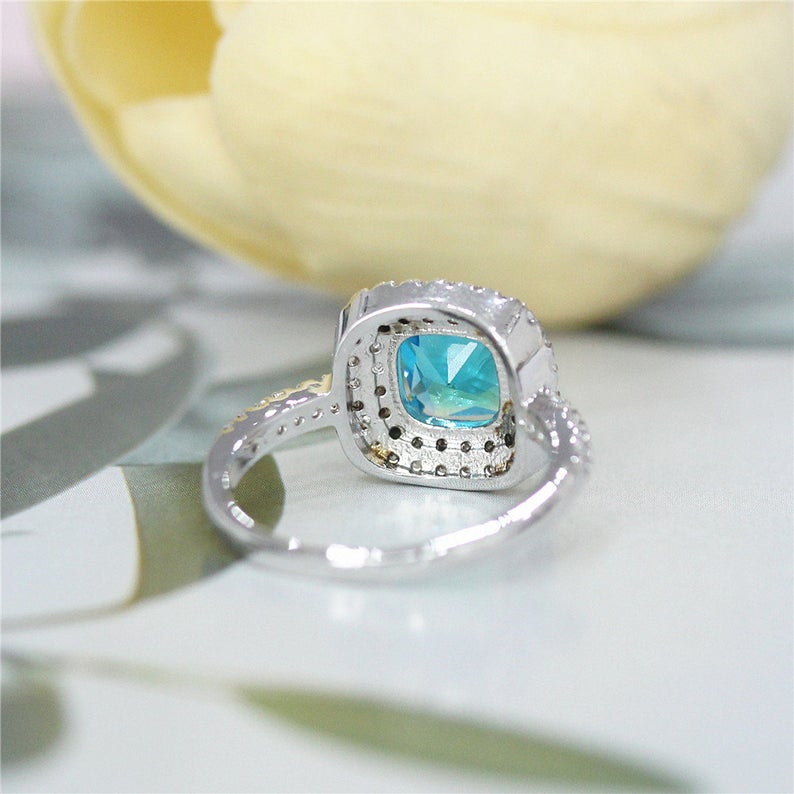 1 CT Cushion Cut Blue Topaz Diamond 925 Sterling Silver Double Halo Wedding Ring