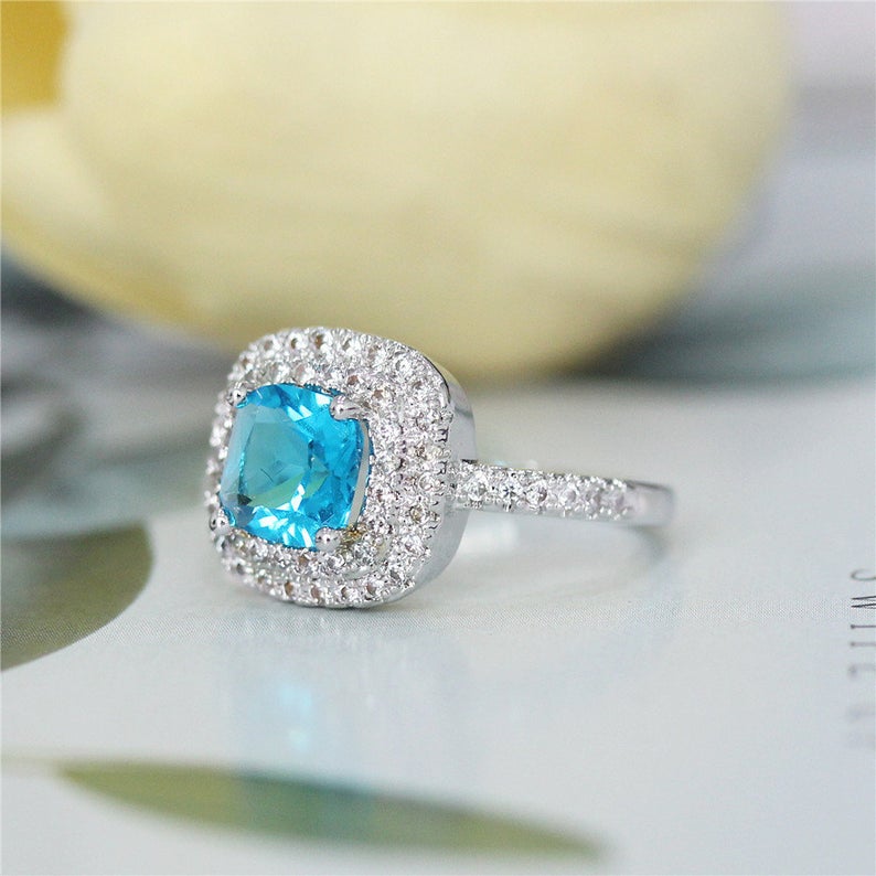 1 CT Cushion Cut Blue Topaz Diamond 925 Sterling Silver Double Halo Wedding Ring