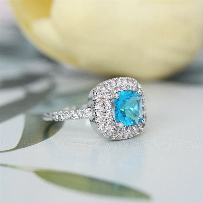 1 CT Cushion Cut Blue Topaz Diamond 925 Sterling Silver Double Halo Wedding Ring