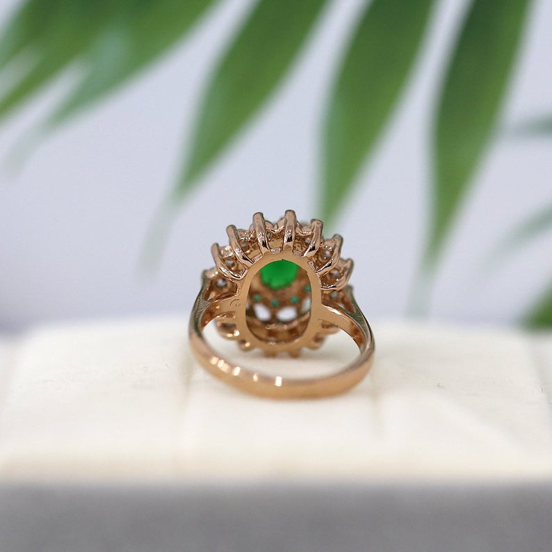 2 CT Oval Cut Emerald Diamond CZ & Emerald Round Rose Gold Over On 925 Sterling Silver Double Halo Wedding Ring