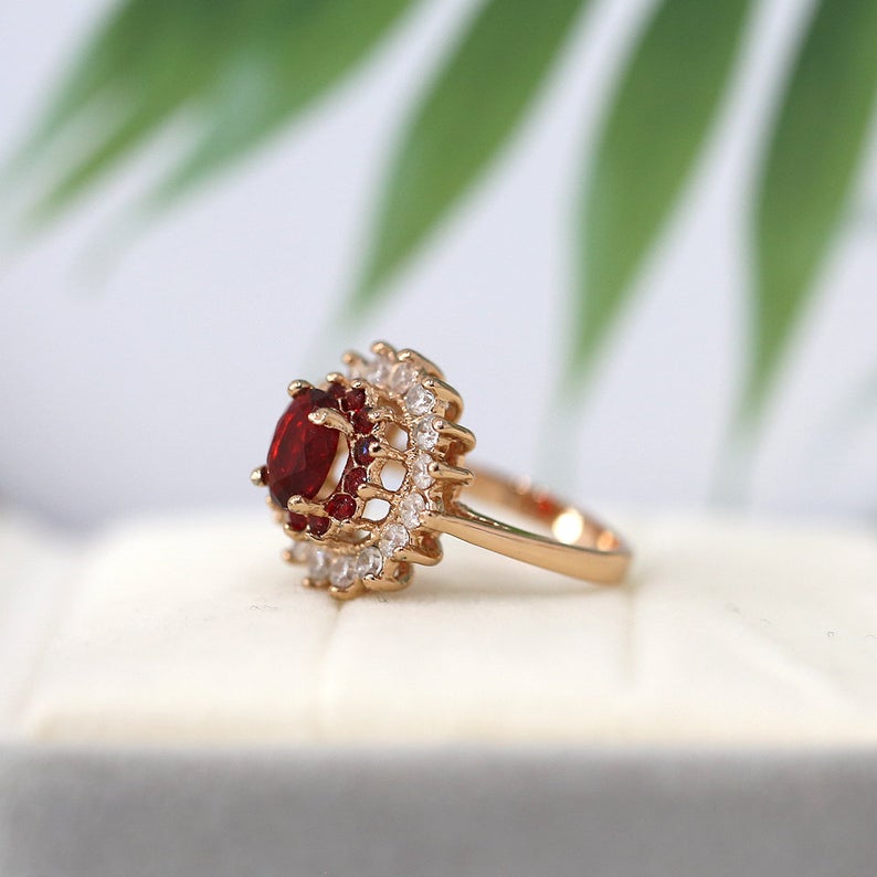 1 CT Oval Cut Red Garnet Diamond Rose Gold Over On 925 Sterling Silver Double Halo Wedding Ring