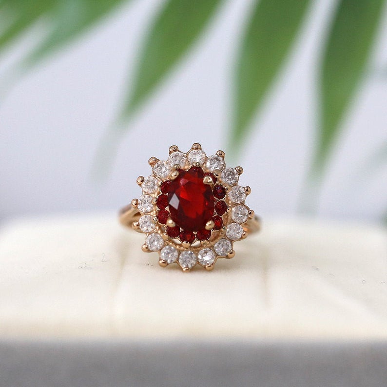 1 CT Oval Cut Red Garnet Diamond Rose Gold Over On 925 Sterling Silver Double Halo Wedding Ring