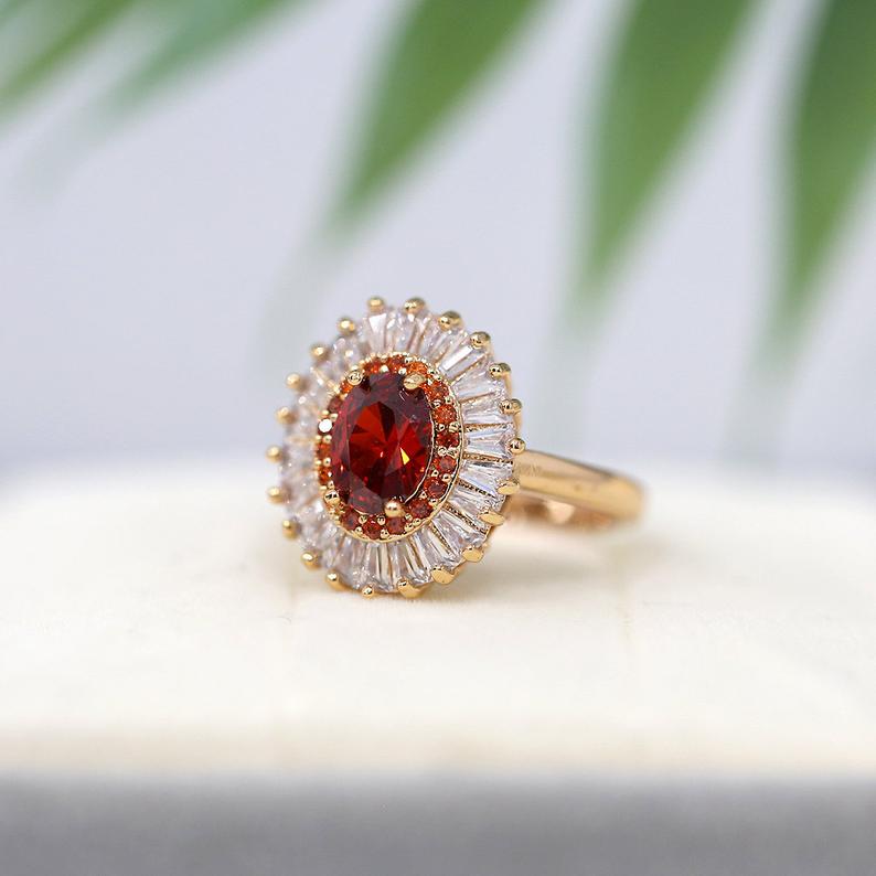 2 CT Oval Cut Garnet Red CZ Diamond Rose Gold Over On 925 Sterling Silver Double Halo Anniversarry Ring