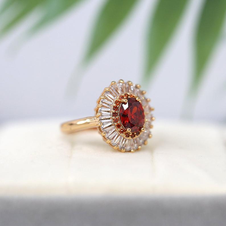 2 CT Oval Cut Garnet Red CZ Diamond Rose Gold Over On 925 Sterling Silver Double Halo Anniversarry Ring