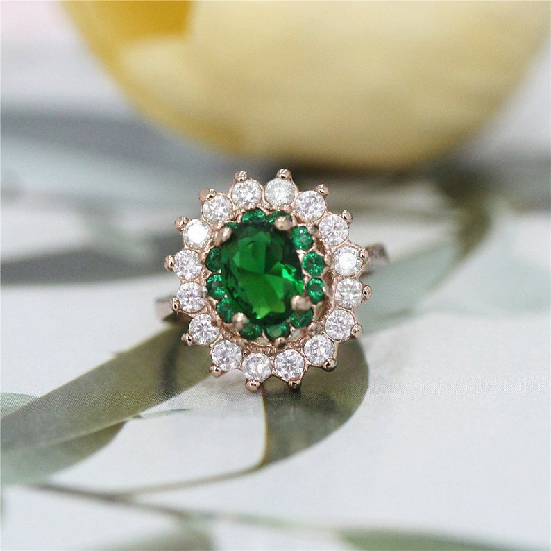 1 CT Oval Cut Green Emerald And CZ Diamond Rose Gold Over On 925 Sterling Silver Double Halo Engagement Ring