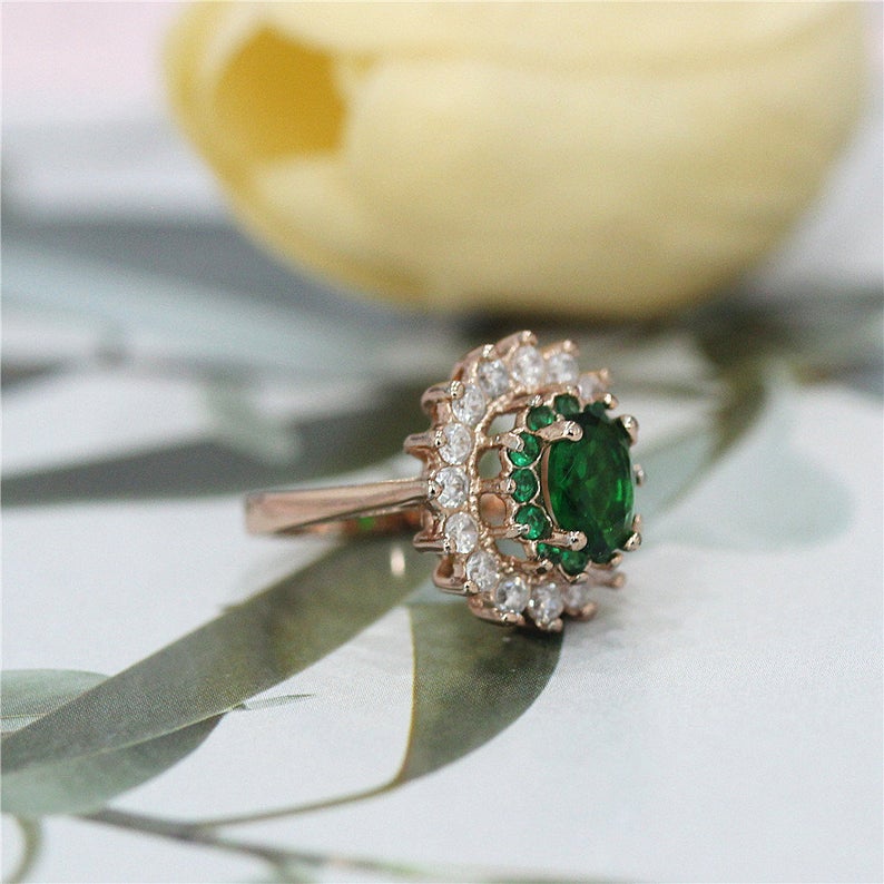 1 CT Oval Cut Green Emerald And CZ Diamond Rose Gold Over On 925 Sterling Silver Double Halo Engagement Ring