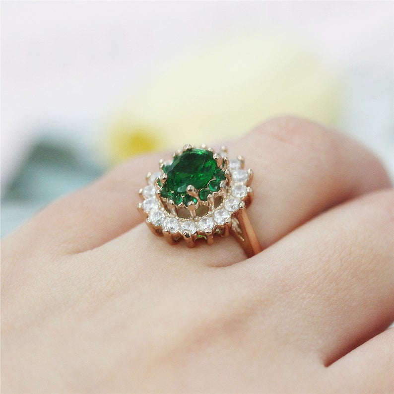 1 CT Oval Cut Green Emerald And CZ Diamond Rose Gold Over On 925 Sterling Silver Double Halo Engagement Ring