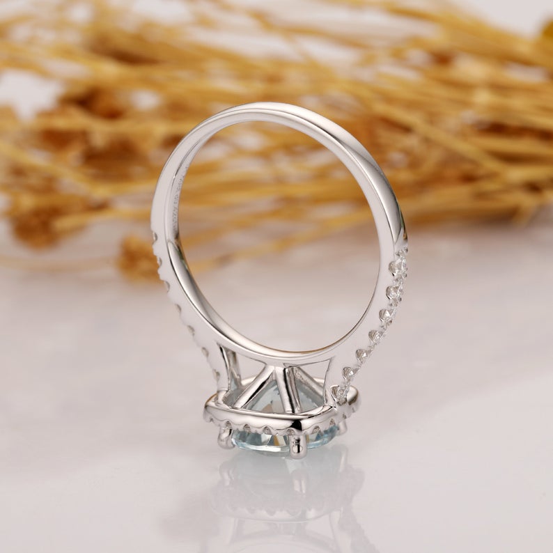 1.5 CT Round Cut Aquamarine Diamond 925 Sterling Silver Halo Engagement Ring
