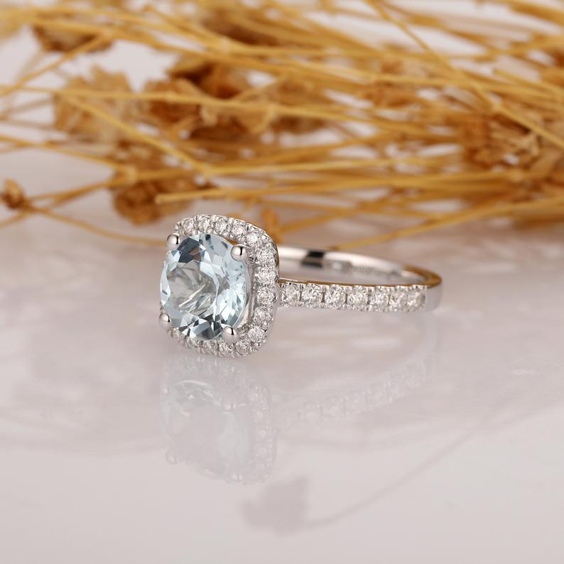 2.10 Ct Cushion Cut Blue Aquamarine 925 Sterling Silver Halo Diamond Engagement Ring