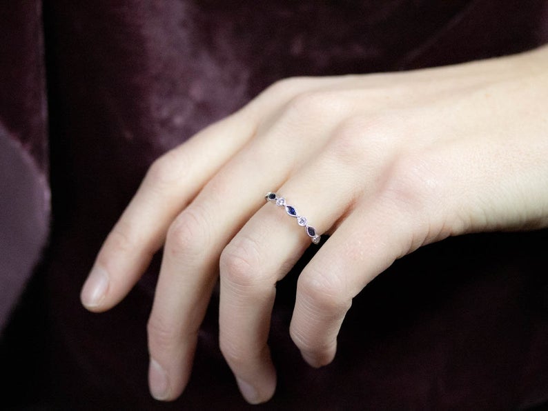 2.75 Ct Marquise Cut Blue Sapphire Half Eternity 925 Sterling Silver Promise Gift Ring