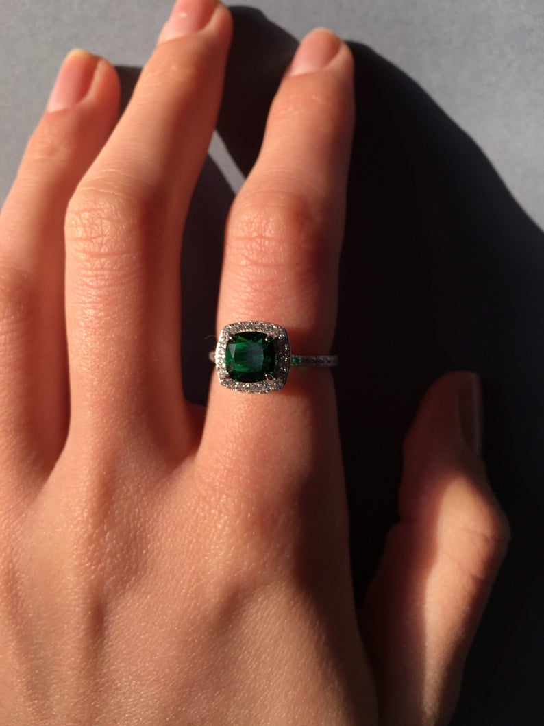 1CT Cushion Cut Emerald Diamond White Gold Over On 925 Sterling Silver Halo Engagement Ring