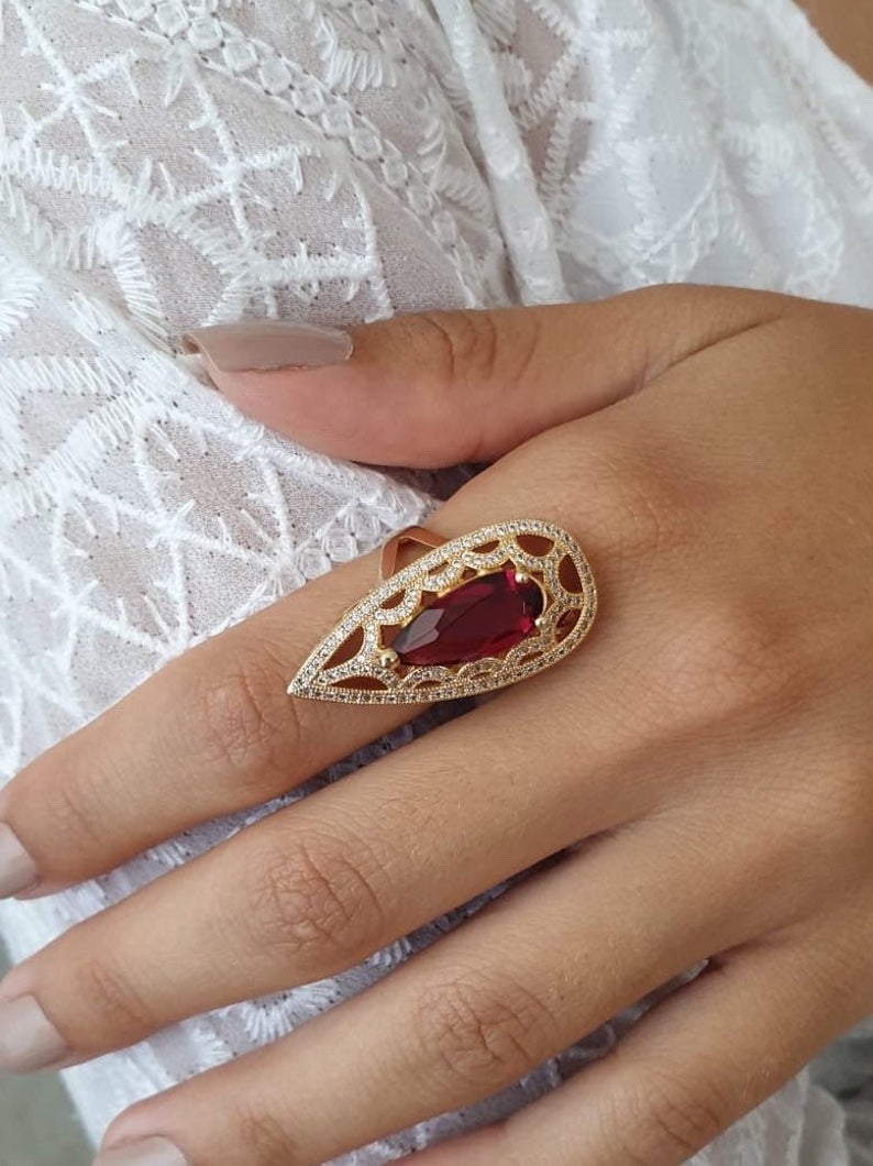 3.25 Ct Pear Cut Red Ruby Yellow Gold Over On 925 Sterling Silver Pear Shape Unique Ring