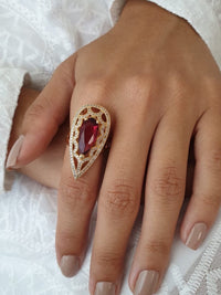 3.25 Ct Pear Cut Red Ruby Yellow Gold Over On 925 Sterling Silver Pear Shape Unique Ring