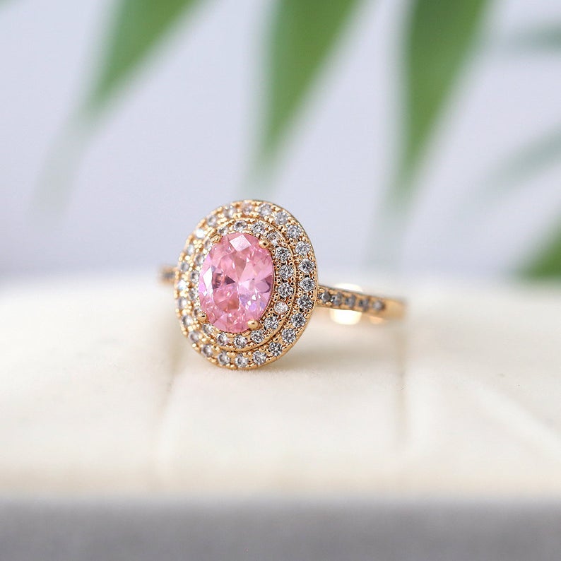 1 CT Oval Cut Pink Sapphire Diamond Rose Gold Over On 925 Sterling Silver Double Halo Anniversarry Ring