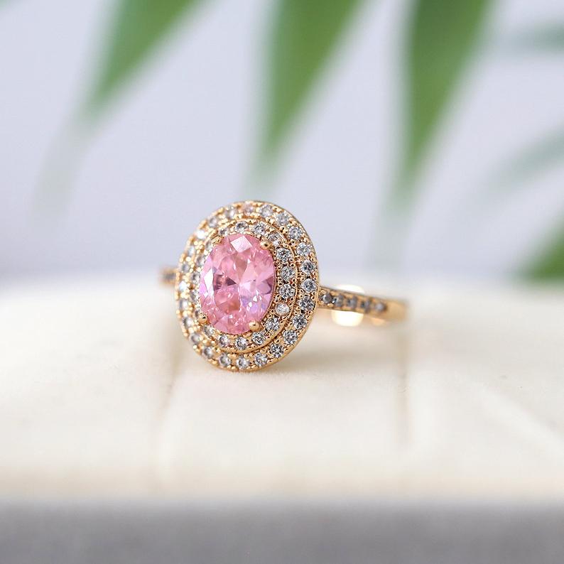 1 CT Oval Cut  Pink Sapphire Diamond Rose Gold Over On 925 Sterling Silver Double Halo Anniversarry Ring
