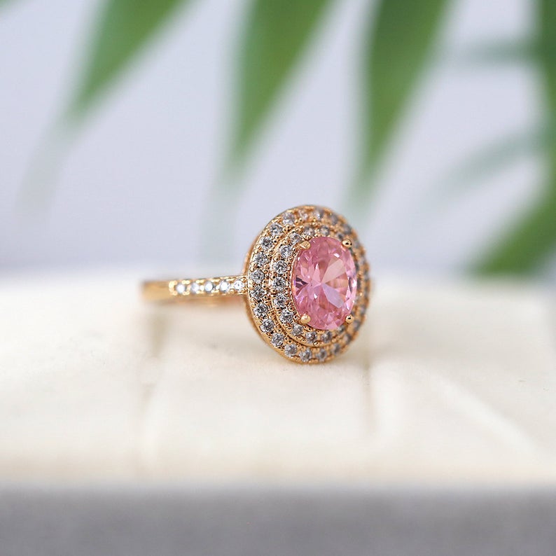 1 CT Oval Cut Pink Sapphire Diamond Rose Gold Over On 925 Sterling Silver Double Halo Anniversarry Ring
