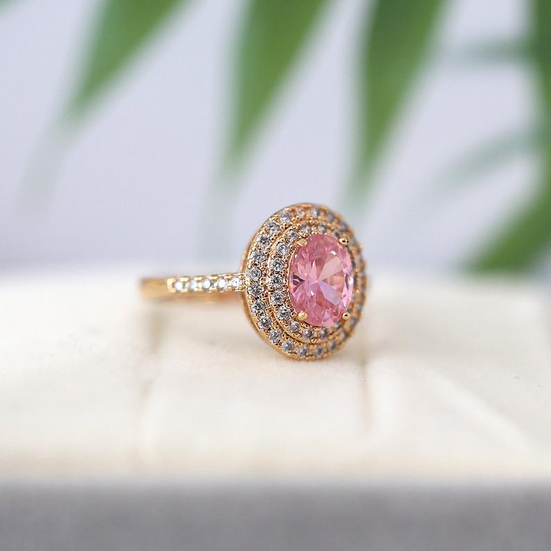 1 CT Oval Cut  Pink Sapphire Diamond Rose Gold Over On 925 Sterling Silver Double Halo Anniversarry Ring
