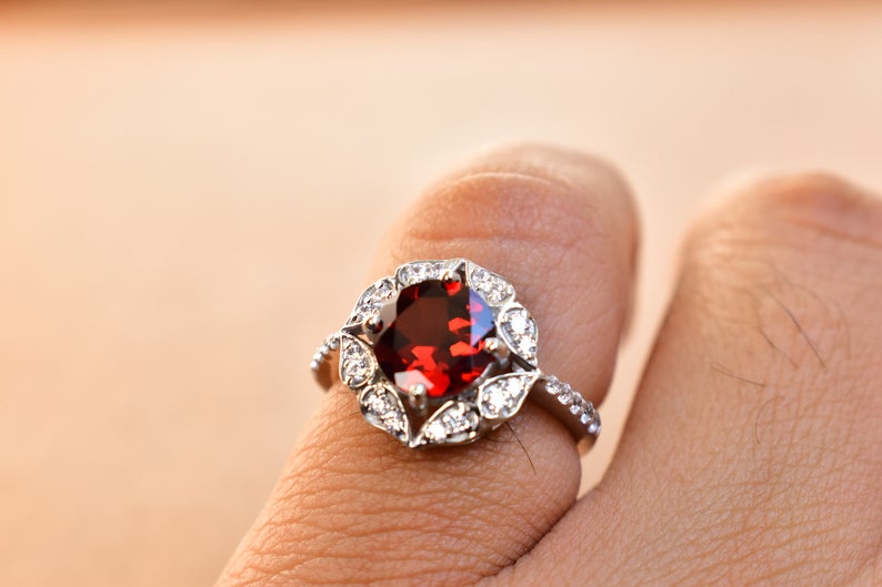 CT Round Cut Red Garnet Diamond White Gold Over On 925 Sterling Silver Floral Engagement Ring For Women