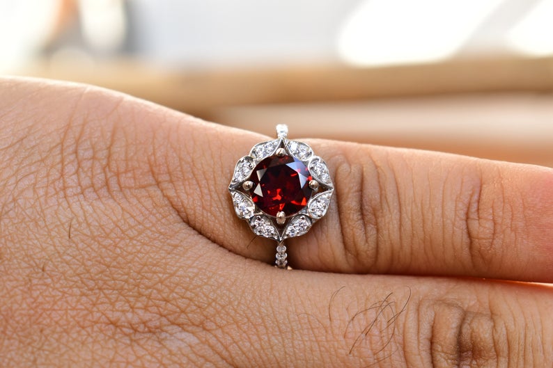 1 CT Round Cut Red Garnet Diamond White Gold Over On 925 Sterling Silver Floral Engagement Ring For Women