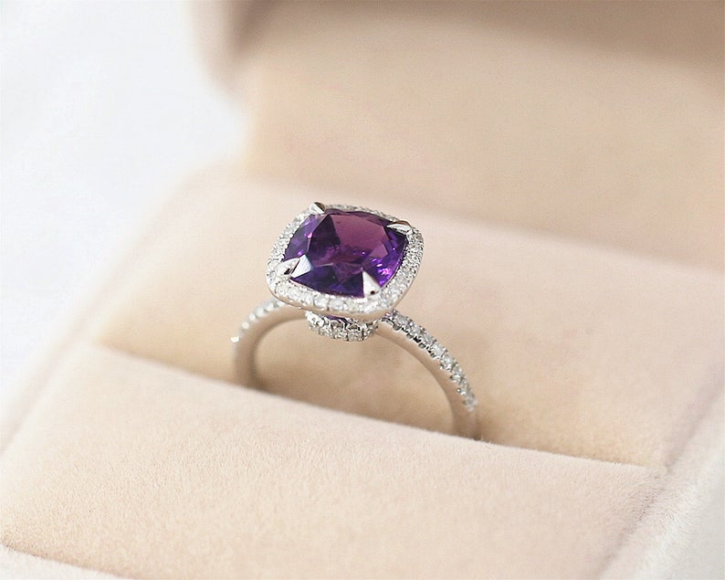 1 CT Cushion Cut Amethyst Diamond 925 Sterling Silver Halo Engagement Ring