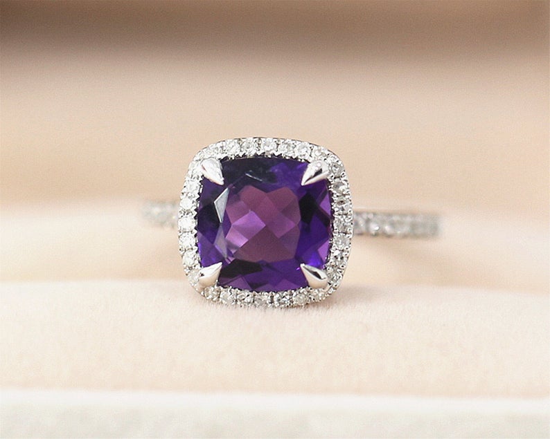 1 CT Cushion Cut Amethyst Diamond 925 Sterling Silver Halo Engagement Ring