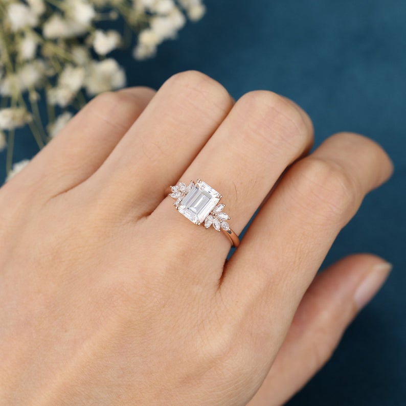 1 CT Emerald Cut White Topaz Diamond Rose Gold Over On 925 Sterling Silver Cluster Engagement Ring