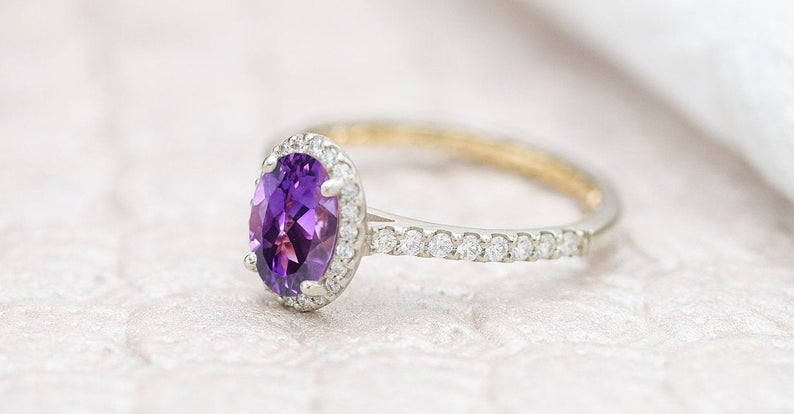 2 CT Oval Cut Amethyst Diamond 925 Sterling Silver Halo Anniversary Ring