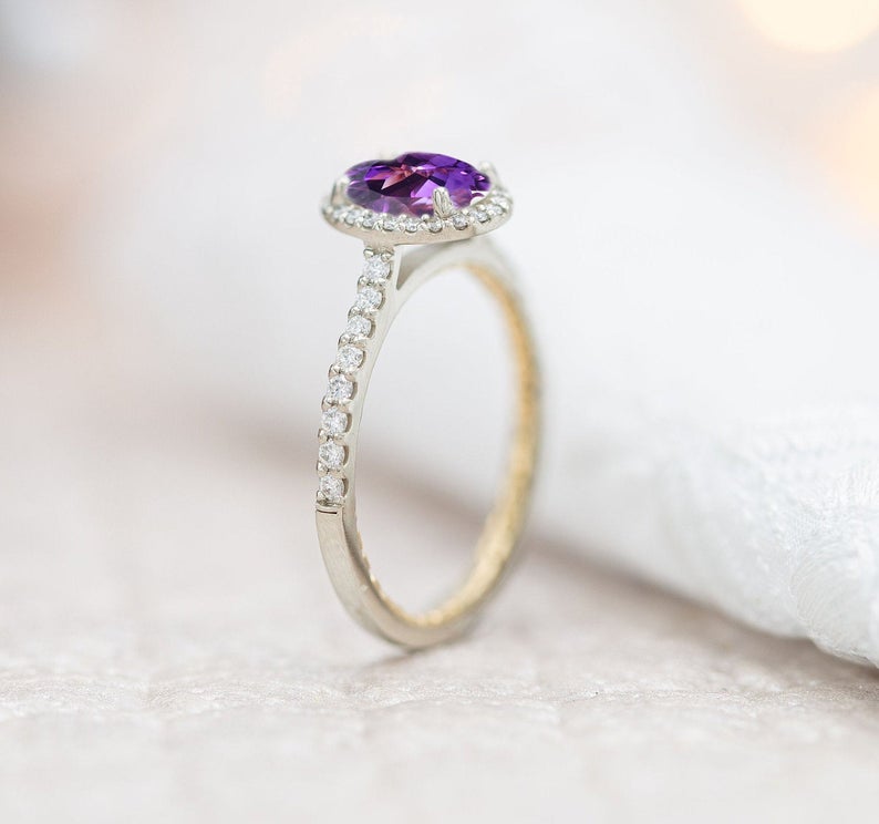 2 CT Oval Cut Amethyst Diamond 925 Sterling Silver Halo Anniversary Ring