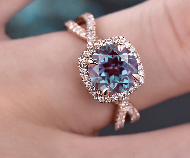 2 CT Round Cut Alexandrite Diamond 925 Sterling Silver Infinity Halo Engagement Ring