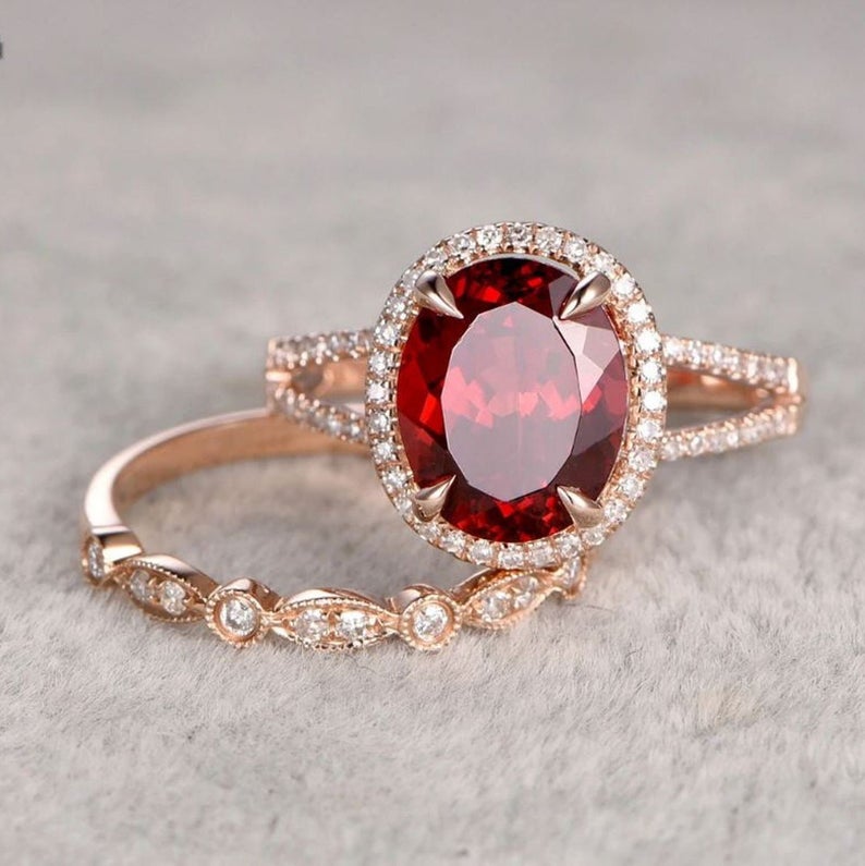 2 CT Round Cut Red Ruby Diamond 925 Sterling Silver Women Halo wedding Bridal Ring Set