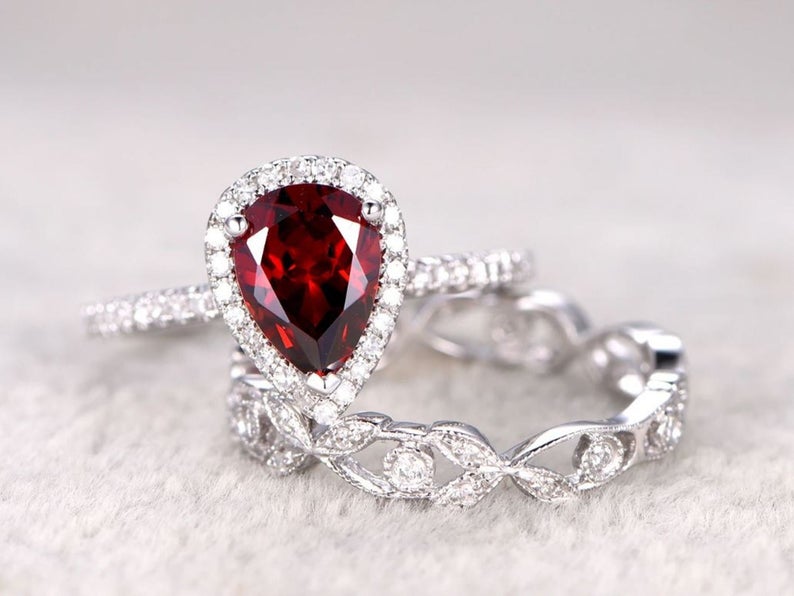 2 CT Pear Cut Ruby Diamond 925 Sterling Silver Halo Wedding Bridal Ring Set